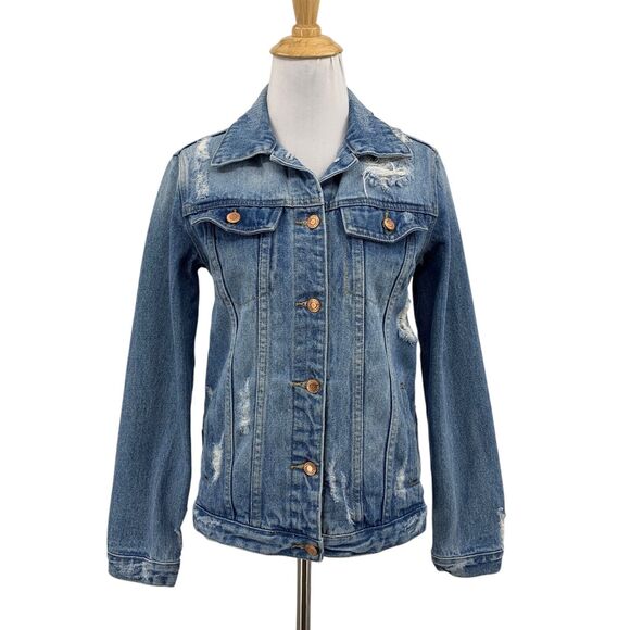 Thread & Supply Jacket Womens Small Denim Button Up Distressed Trucker Button - Picture 1 of 14